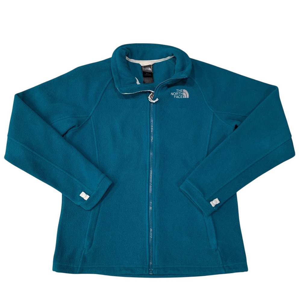 The North Face Women's Medium Teal Blue Full Zip Fleece Jacket White Logo